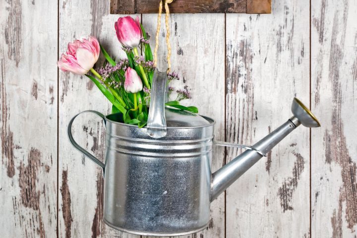 Man erkennt eine Gießkanne mit einem Blumenstrauß vor einer hellen, verwitterten Holwand