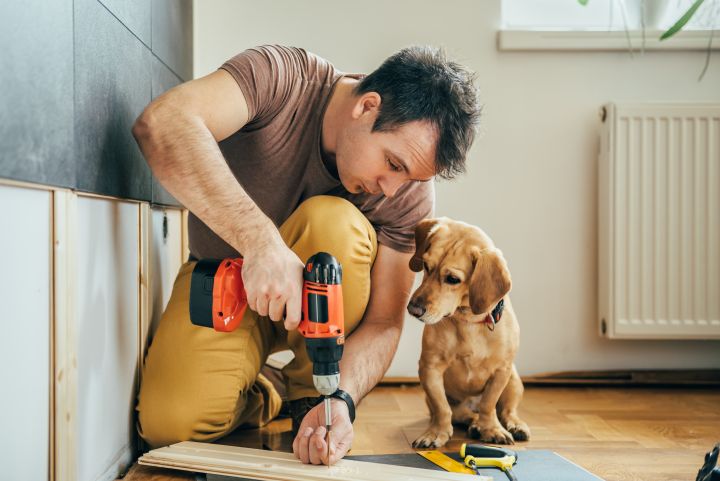 Man erkennt einen Mann und einen Hund. Der ist dabei fleißig am handwerken.