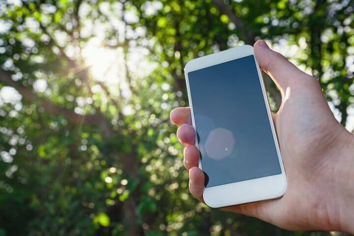 Man erkennt ein Smartphone und im Hintergrund stehen Bäume.