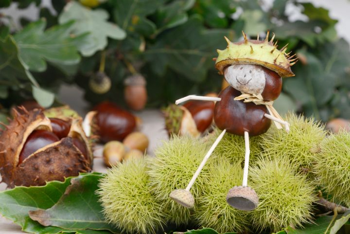 Figuren aus Kastanien und Zahnstochern als Herbstdeko