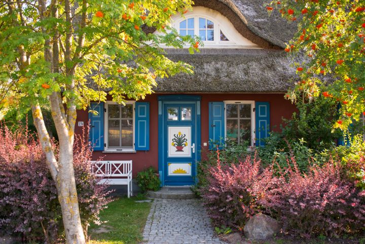 Bauernhaus mit alter Holztür und Reetdach